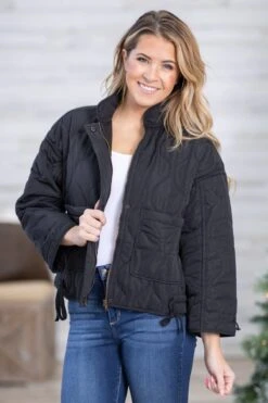 Black Quilted Jacket With Side Tie Detail