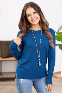 Be Cool Slate Blue Lightweight Sweater With Side Slit