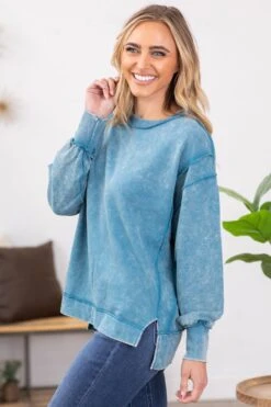Teal Acid Wash Contrast Seam Sweatshirt
