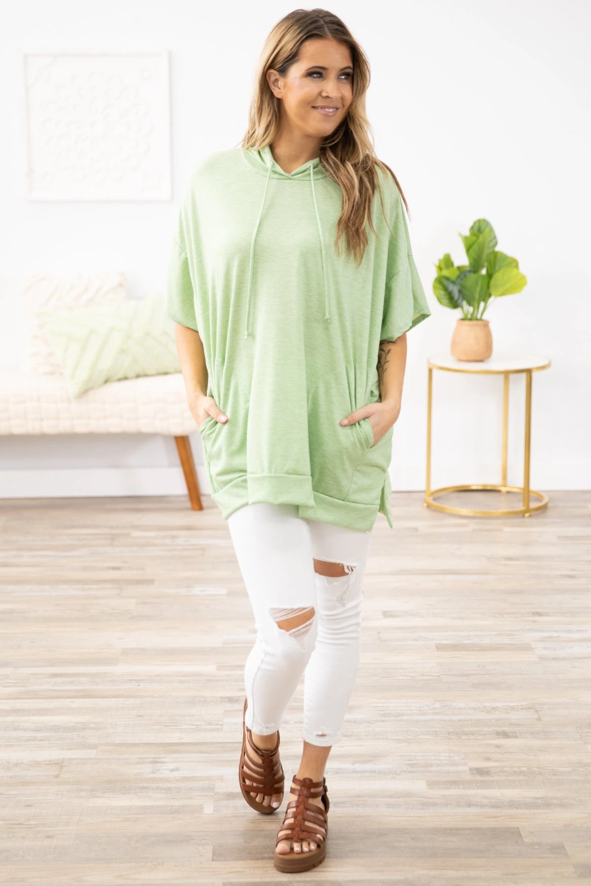 Mint Drop Shoulder Hooded Top With Slide Slit - Image 2