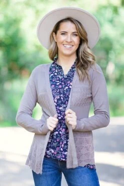 Mocha Scalloped Crochet Lace Trim Cardigan