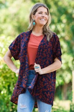 Navy And Rust Multicolor Paisley Print Kimono