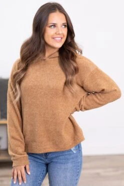 Camel Melange Hacci Knit Hooded Top