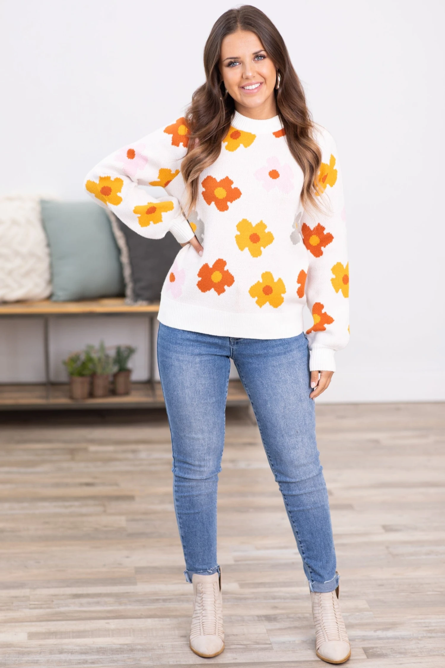 Off White Multicolor Intarisa Flowers Sweater - Image 3