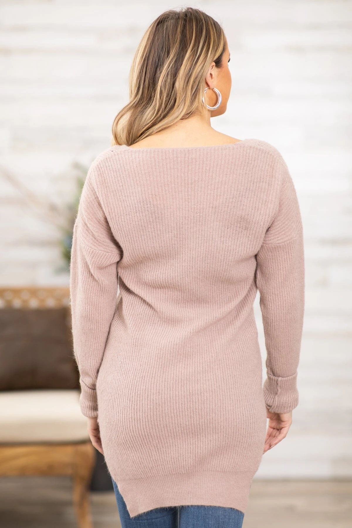 Tan V-Neck Lightweight Tunic Sweater - Image 3