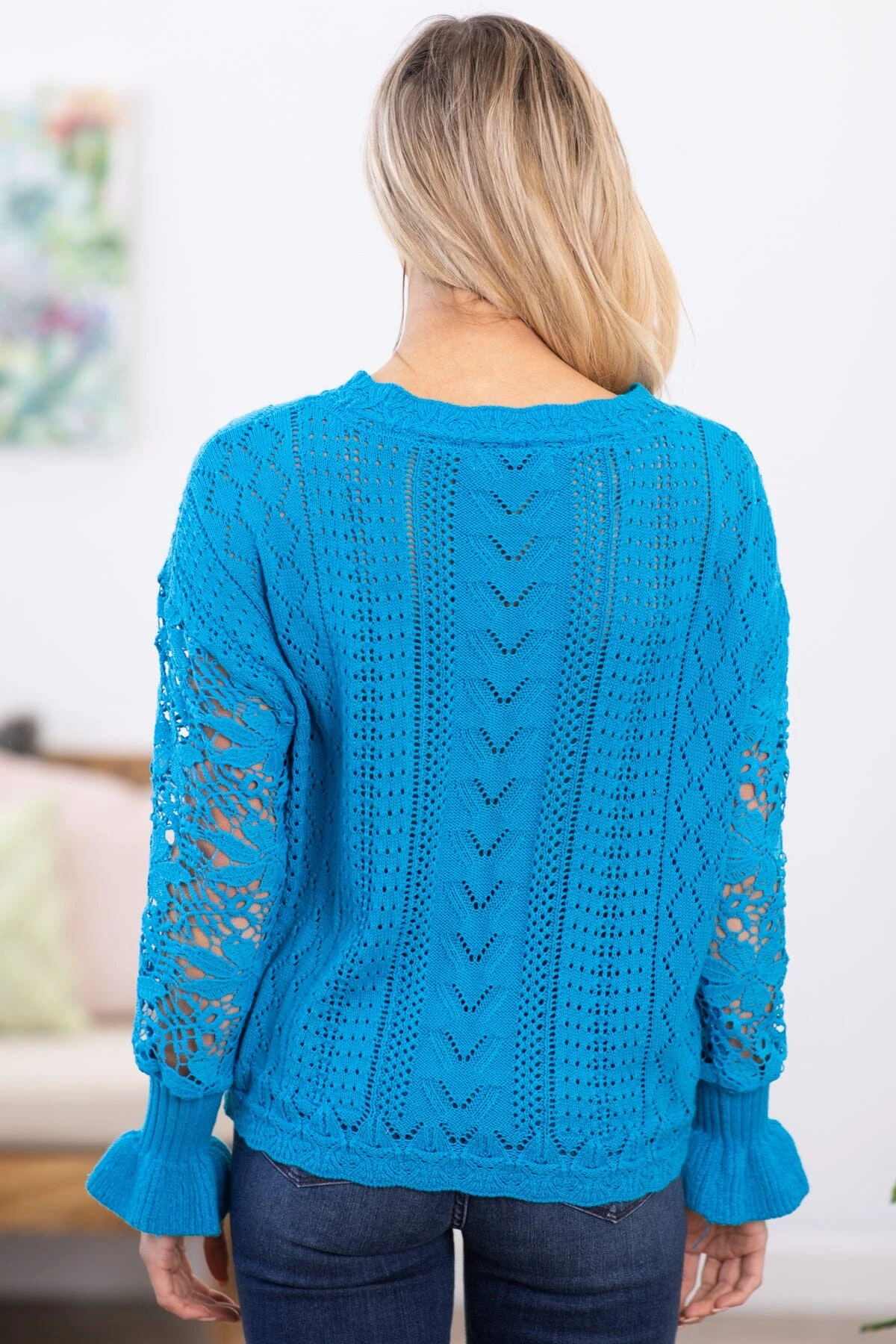 Sky Blue Lace Sleeve Detail Sweater - Image 4