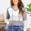 Grey Open Knit Colorblock Hooded Top