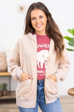 Tan Thermal Waffle Knit Hooded Sweatshirt