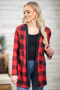 Red Buffalo Plaid Cardigan With Pockets