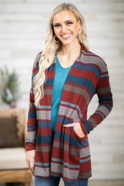Cranberry And Blue Stripe Cardigan