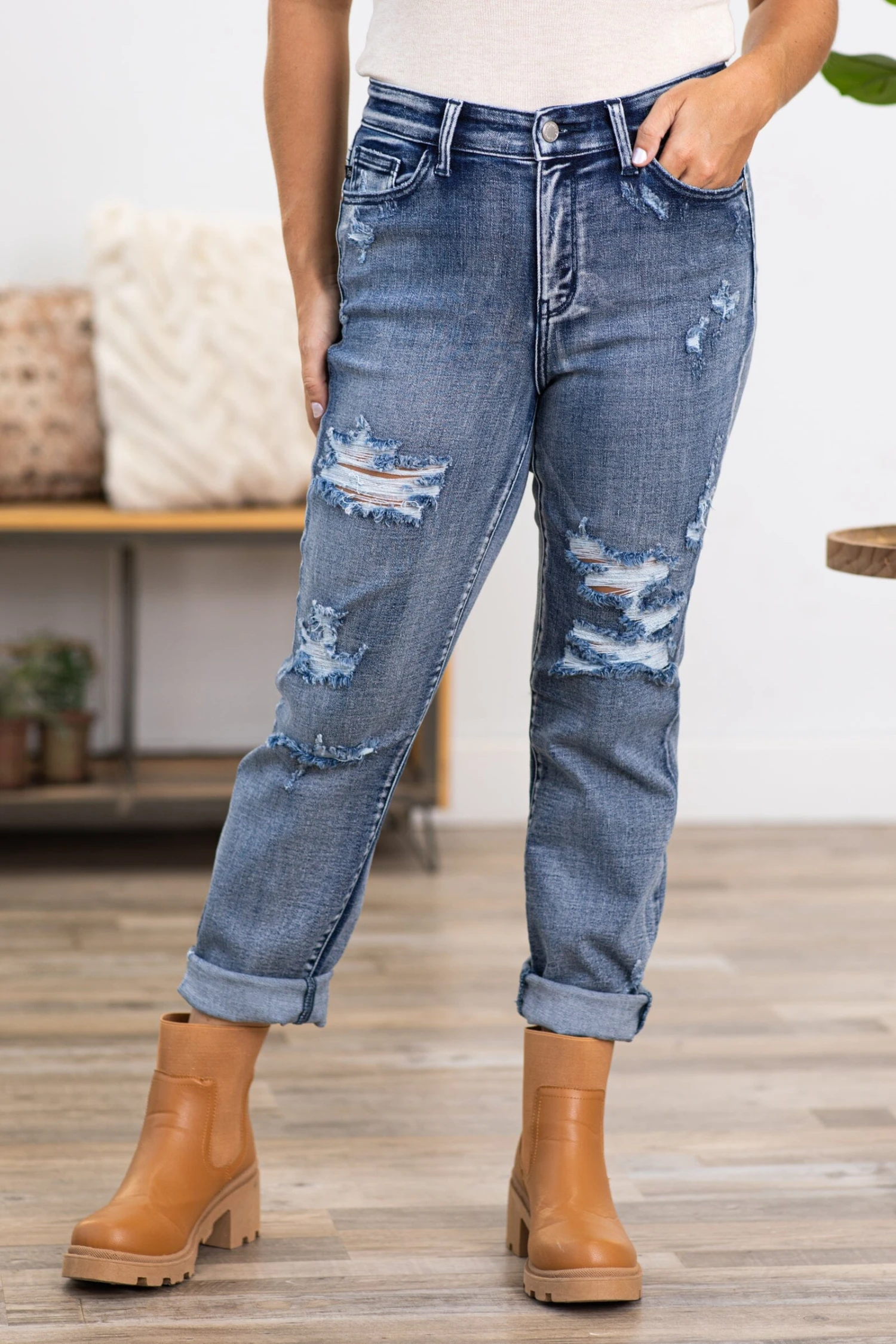 Judy Blue Mid Rise Distressed Boyfriend Jeans - Image 3