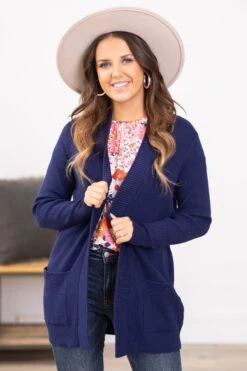 STACCATO Navy Ribbed Trim Cardigan With Pockets