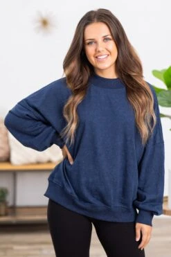 Slate Blue Drop Shoulder Rib Trim Sweatshirt