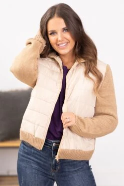 STACCATO Tan Channel Quilted Jacket With Knit Back