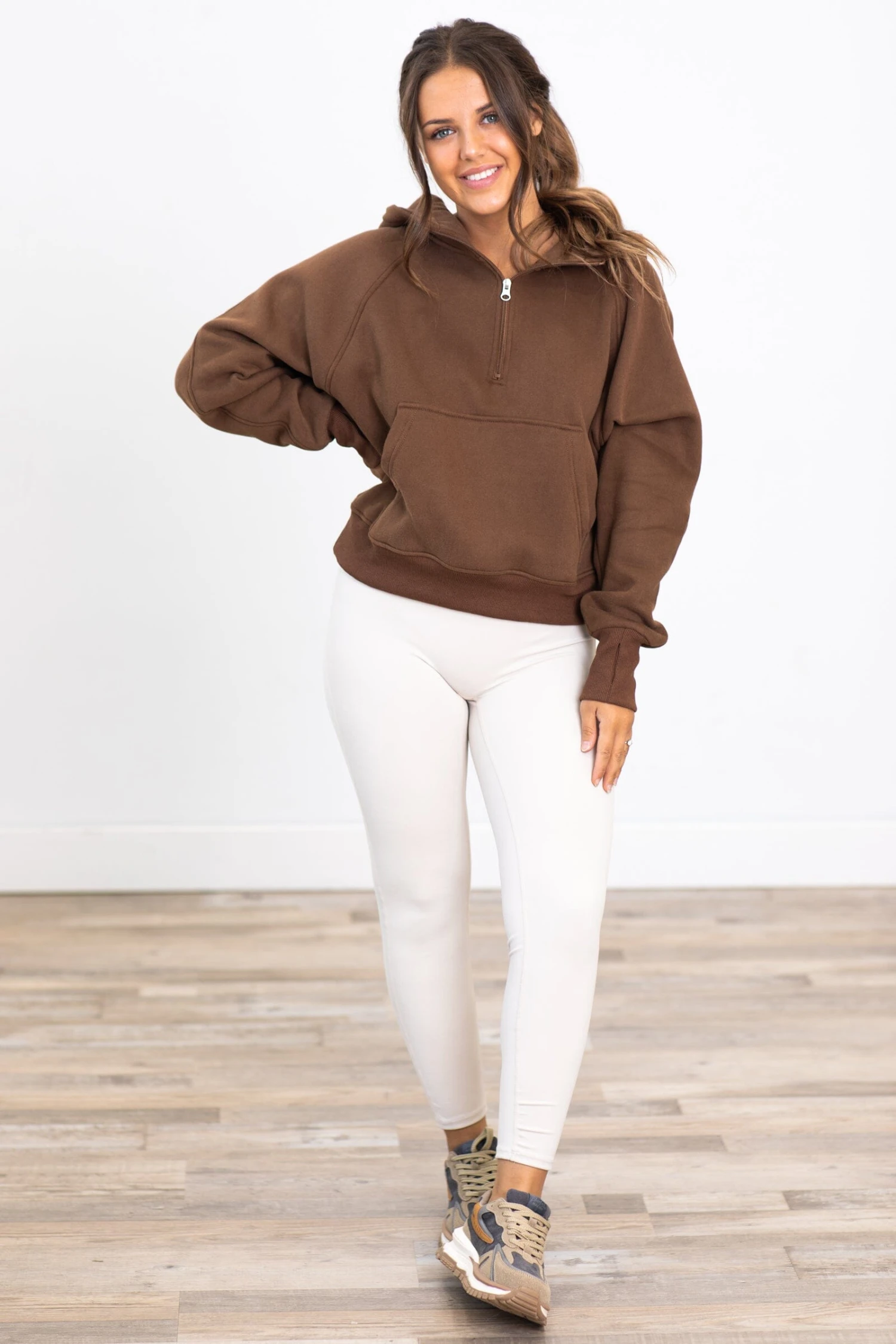 Brown 1/2 Zip Fleece Hoodie Dupe - Image 3
