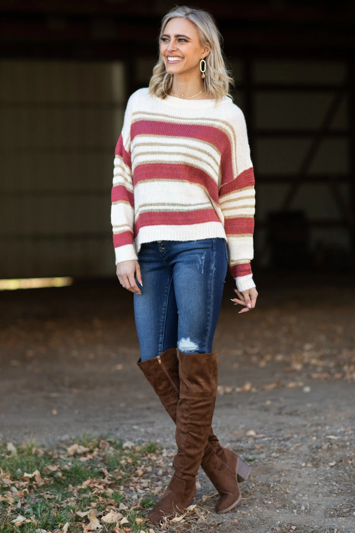 Cream And Wine Stripe Sweater With Lurex - Image 3