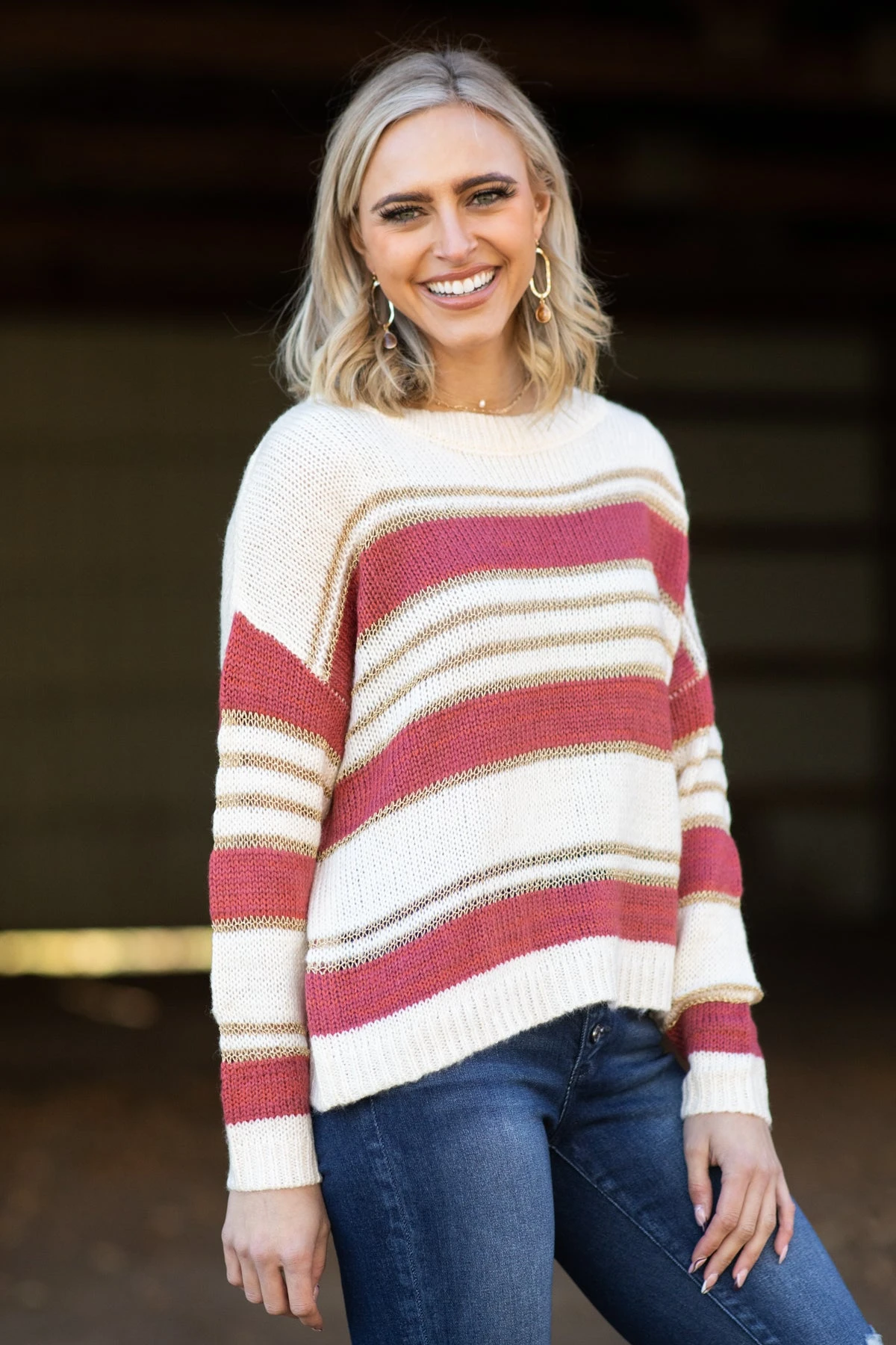 Cream And Wine Stripe Sweater With Lurex - Image 2