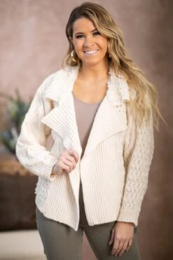 Ivory Cable Knit Sleeve Ribbed Cardigan