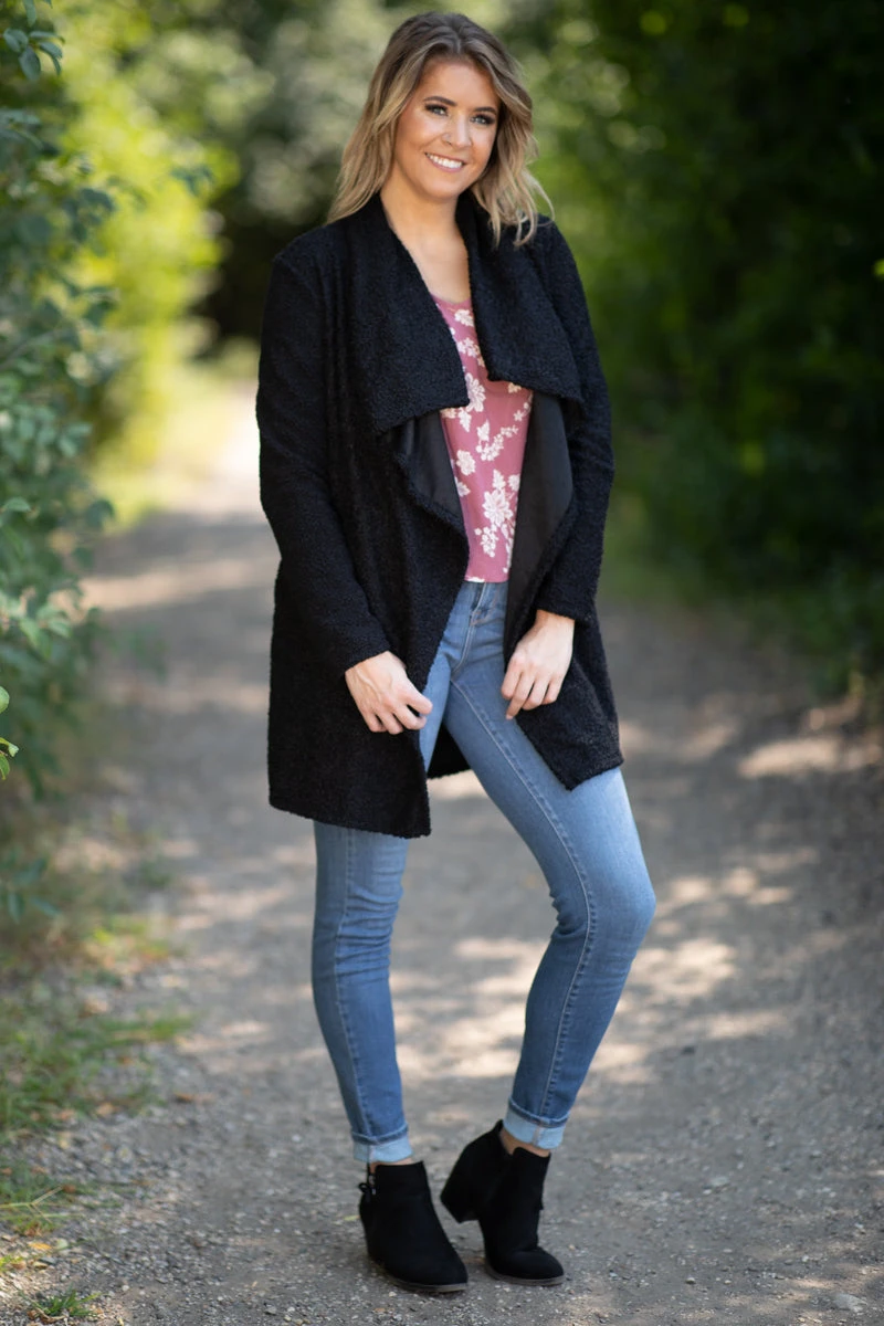 Black Sherpa Waterfall Collar Cardigan - Image 2