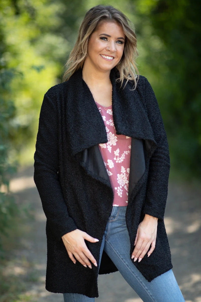 Black Sherpa Waterfall Collar Cardigan