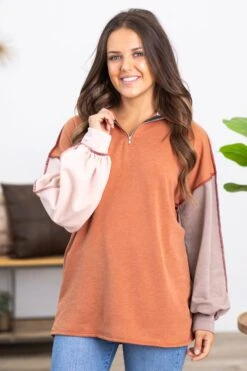Rust Colorblock 1/4 Zip Pullover