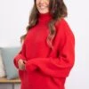 Red Horizontal Ribbed Turtleneck Sweater
