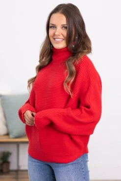 Red Horizontal Ribbed Turtleneck Sweater