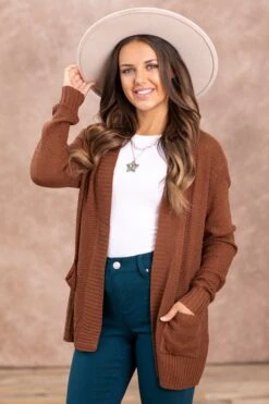 STACCATO Brown Waffle Knit Cardigan With Rib Trim