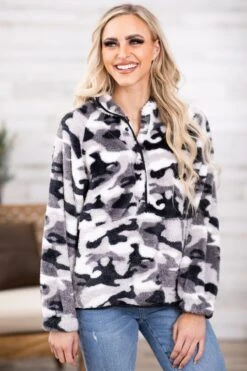 Black And Grey Camouflage Sherpa Pullover