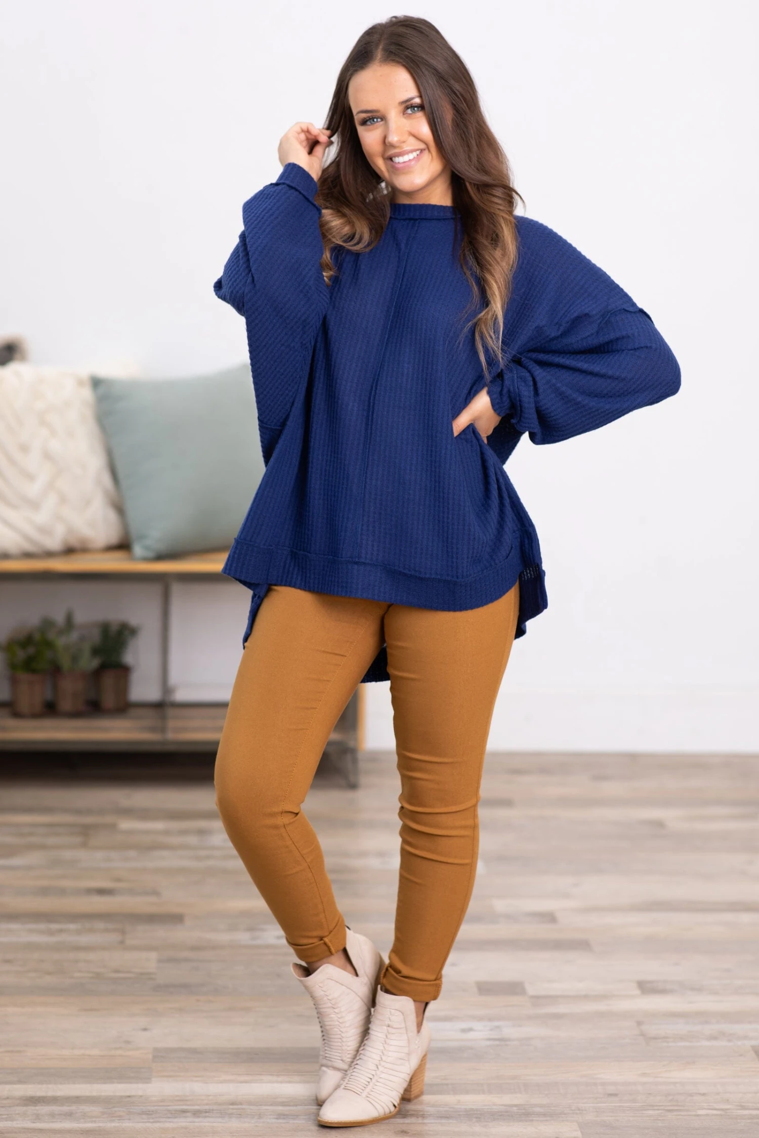 Navy Waffle Knit Sweater With Seam Detail - Image 3