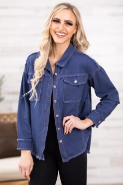 Dark Wash Fray Hem Drop Shoulder Denim Jacket