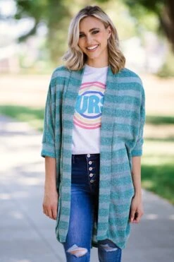 Teal Heathered Stripe Cardigan