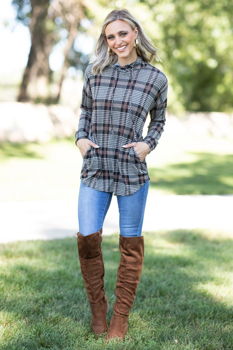 Taupe And Tan Plaid Hooded Top - Image 2