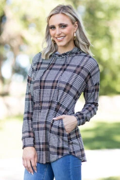 Taupe And Tan Plaid Hooded Top