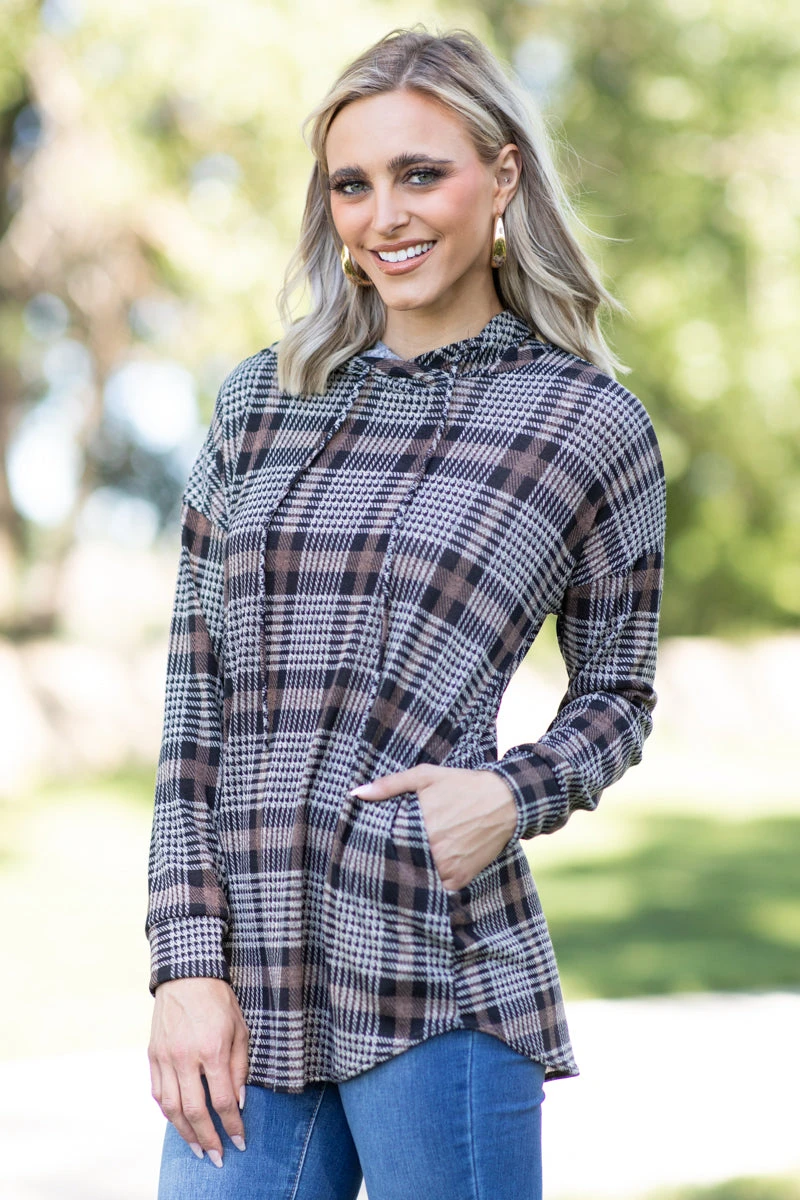 Taupe And Tan Plaid Hooded Top