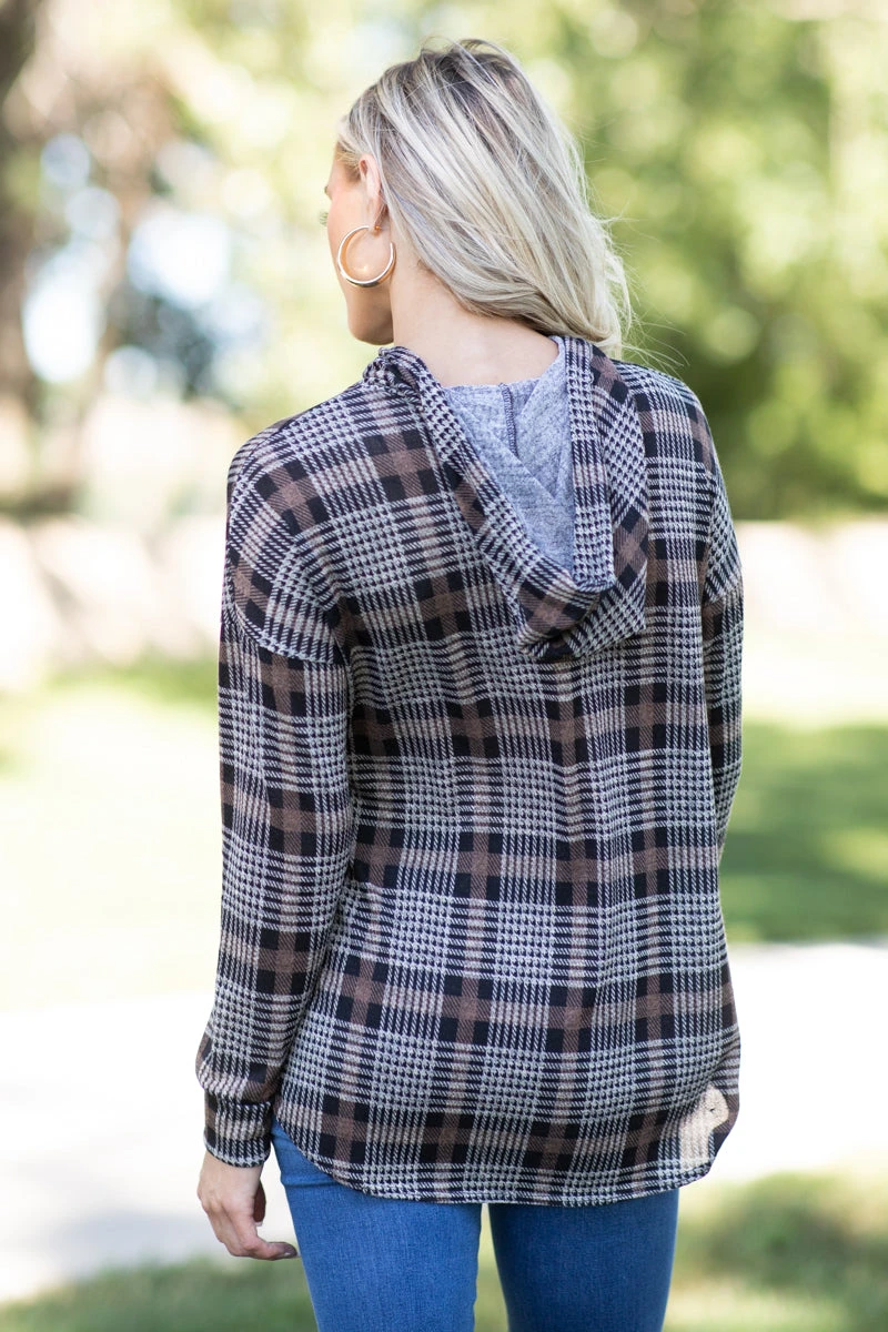 Taupe And Tan Plaid Hooded Top - Image 3