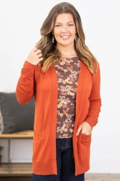 Dark Orange Lightweight Mid Length Cardigan