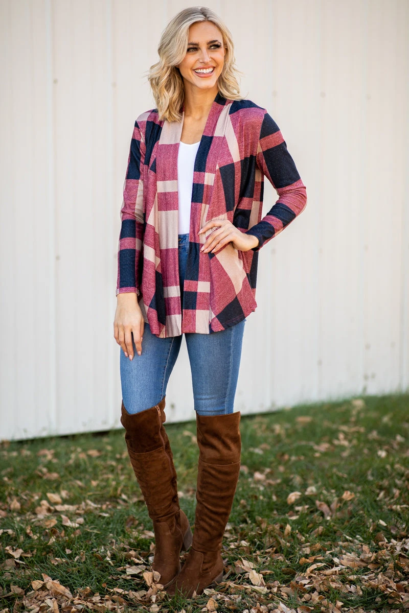Navy And Wine Plaid Cardigan - Image 4