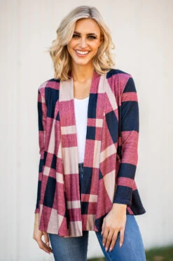Navy And Wine Plaid Cardigan