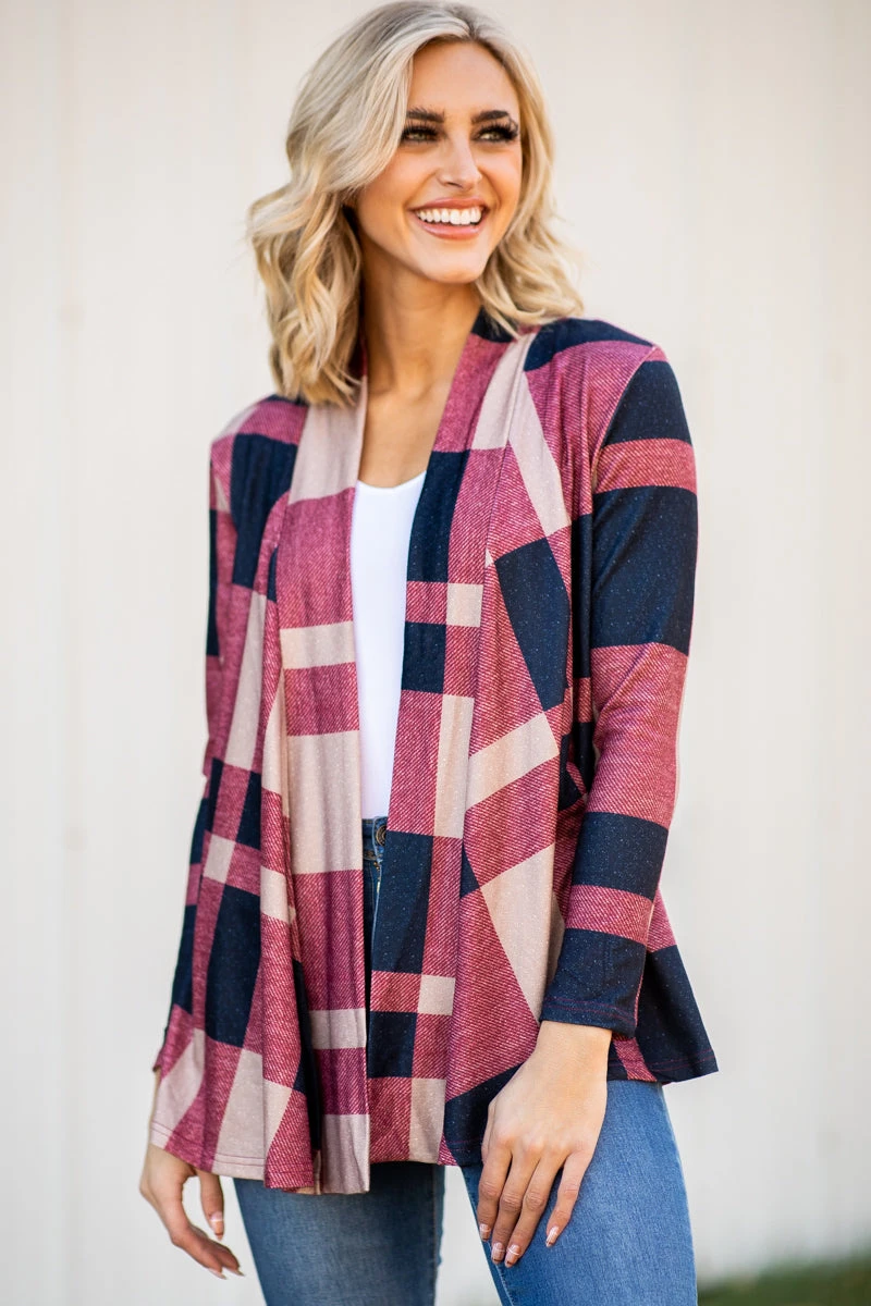 Navy And Wine Plaid Cardigan - Image 3
