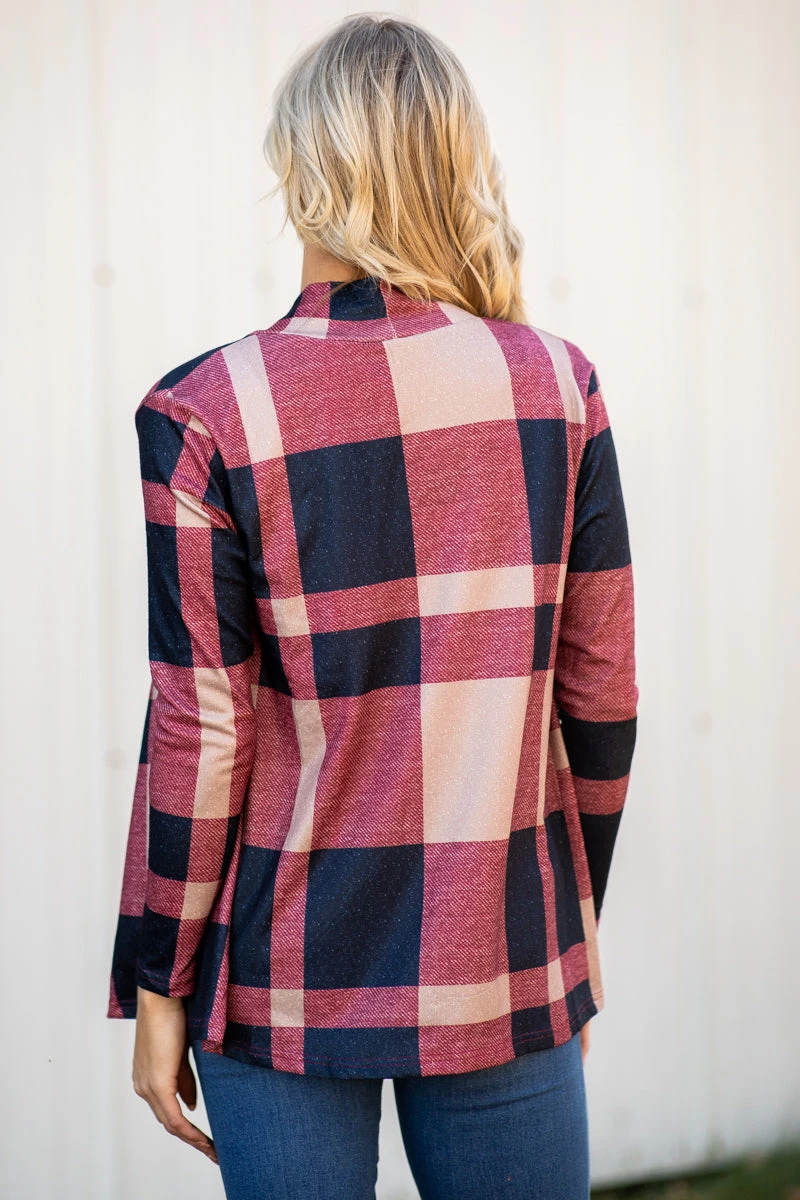 Navy And Wine Plaid Cardigan - Image 5