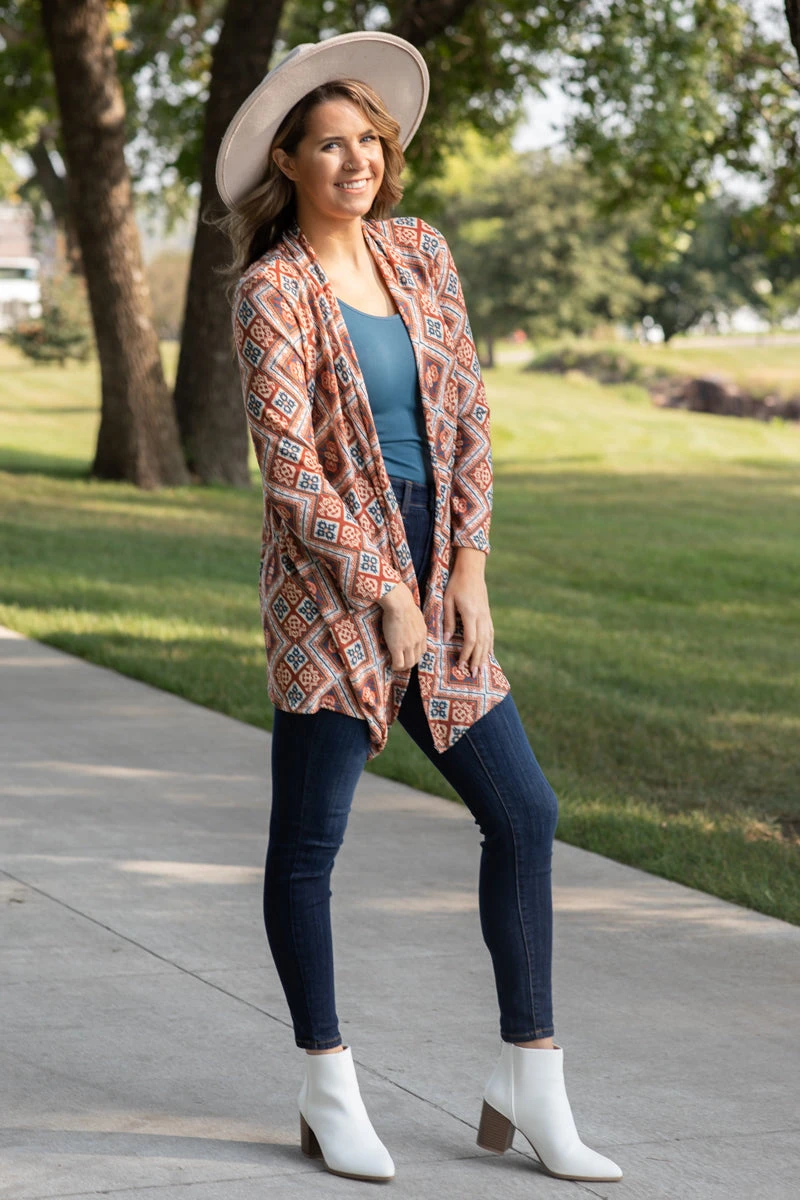 Orange And Teal Multicolor Aztec Cardigan - Image 2
