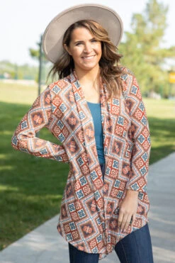 Orange And Teal Multicolor Aztec Cardigan
