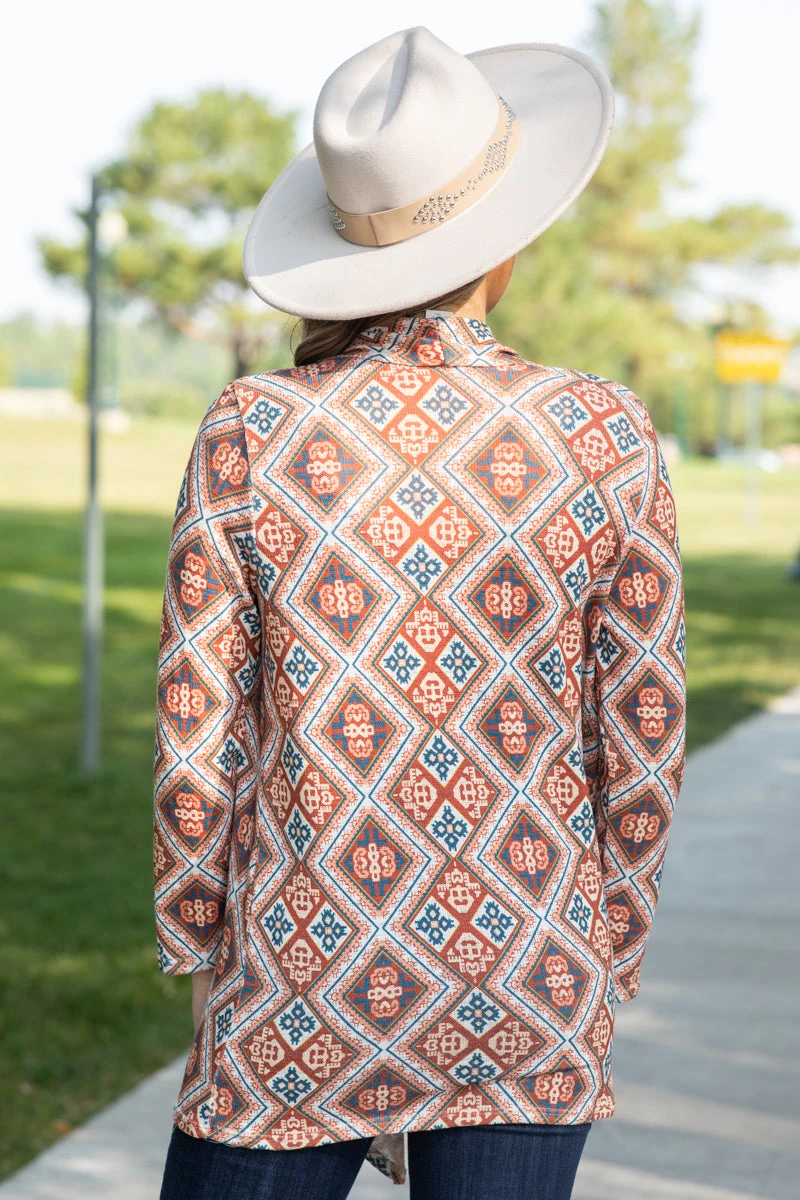 Orange And Teal Multicolor Aztec Cardigan - Image 3