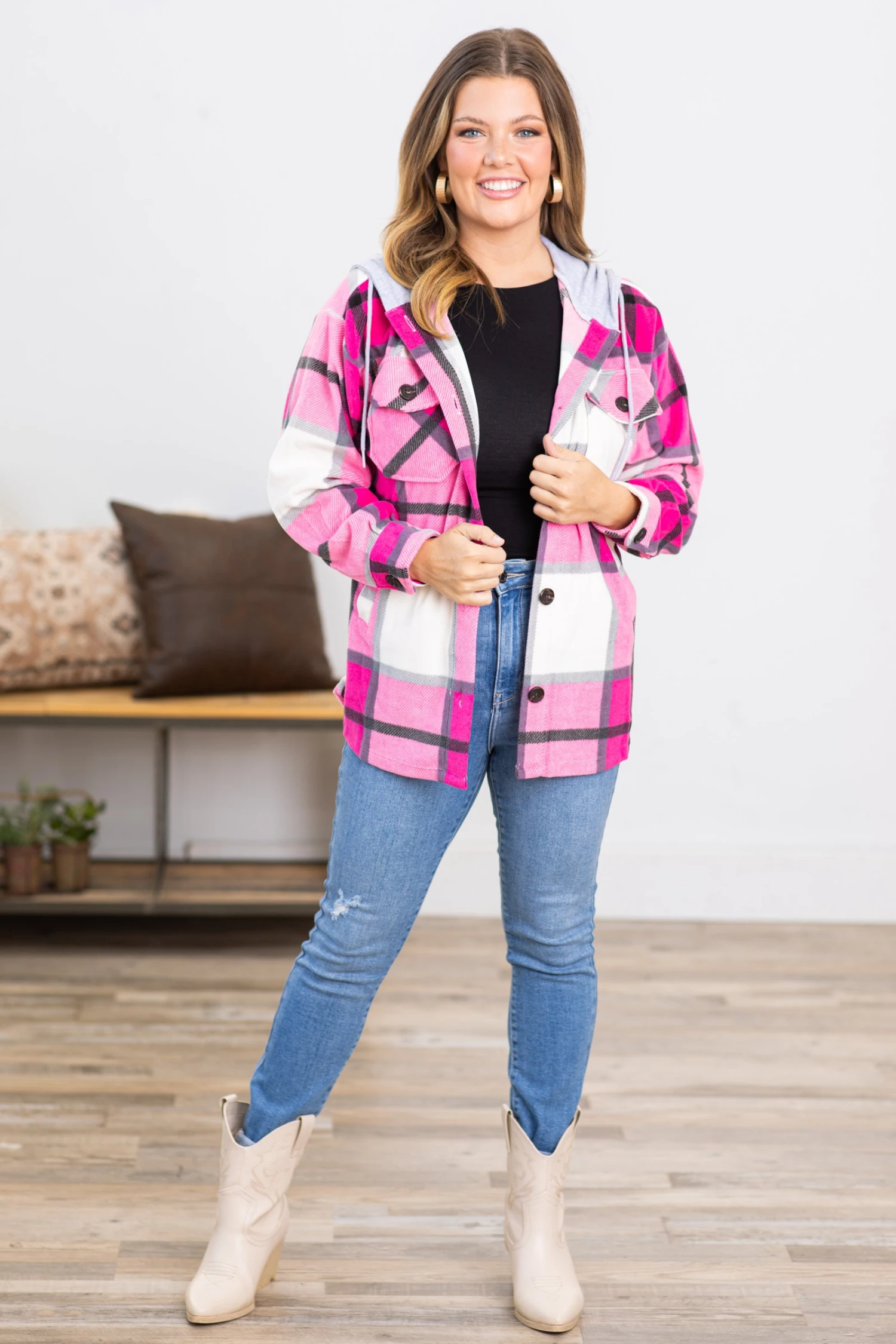 Hot Pink Plaid Fleece Shacket With Hood - Image 2