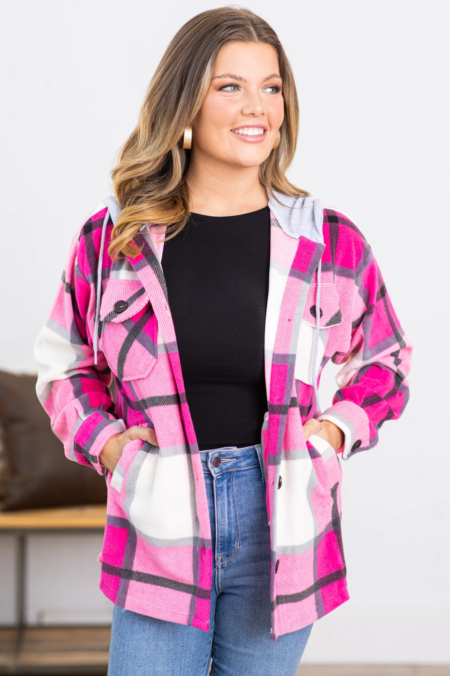 Hot Pink Plaid Fleece Shacket With Hood - Image 3