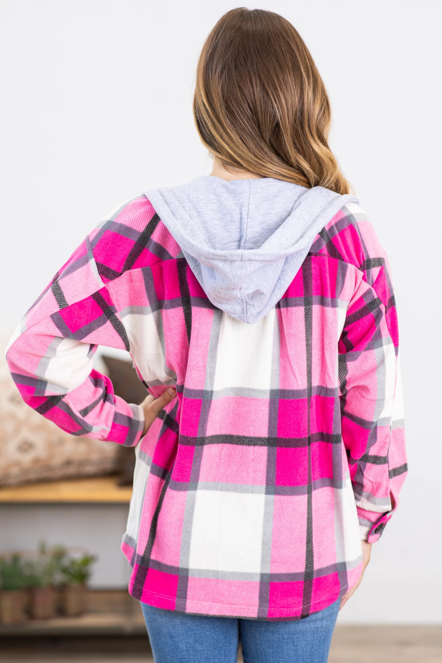 Hot Pink Plaid Fleece Shacket With Hood - Image 4