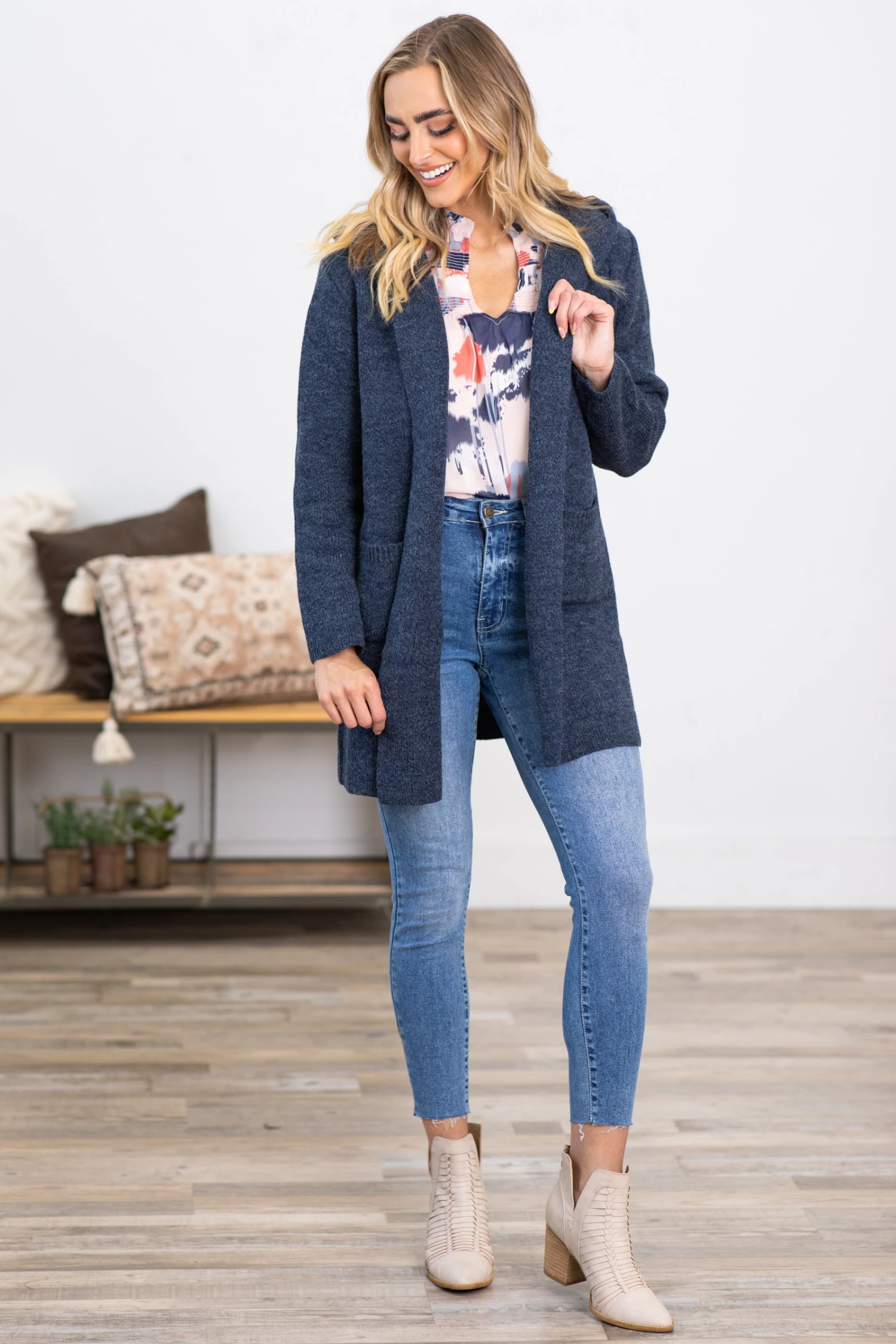 Navy Hooded Cardigan With Pockets - Image 3