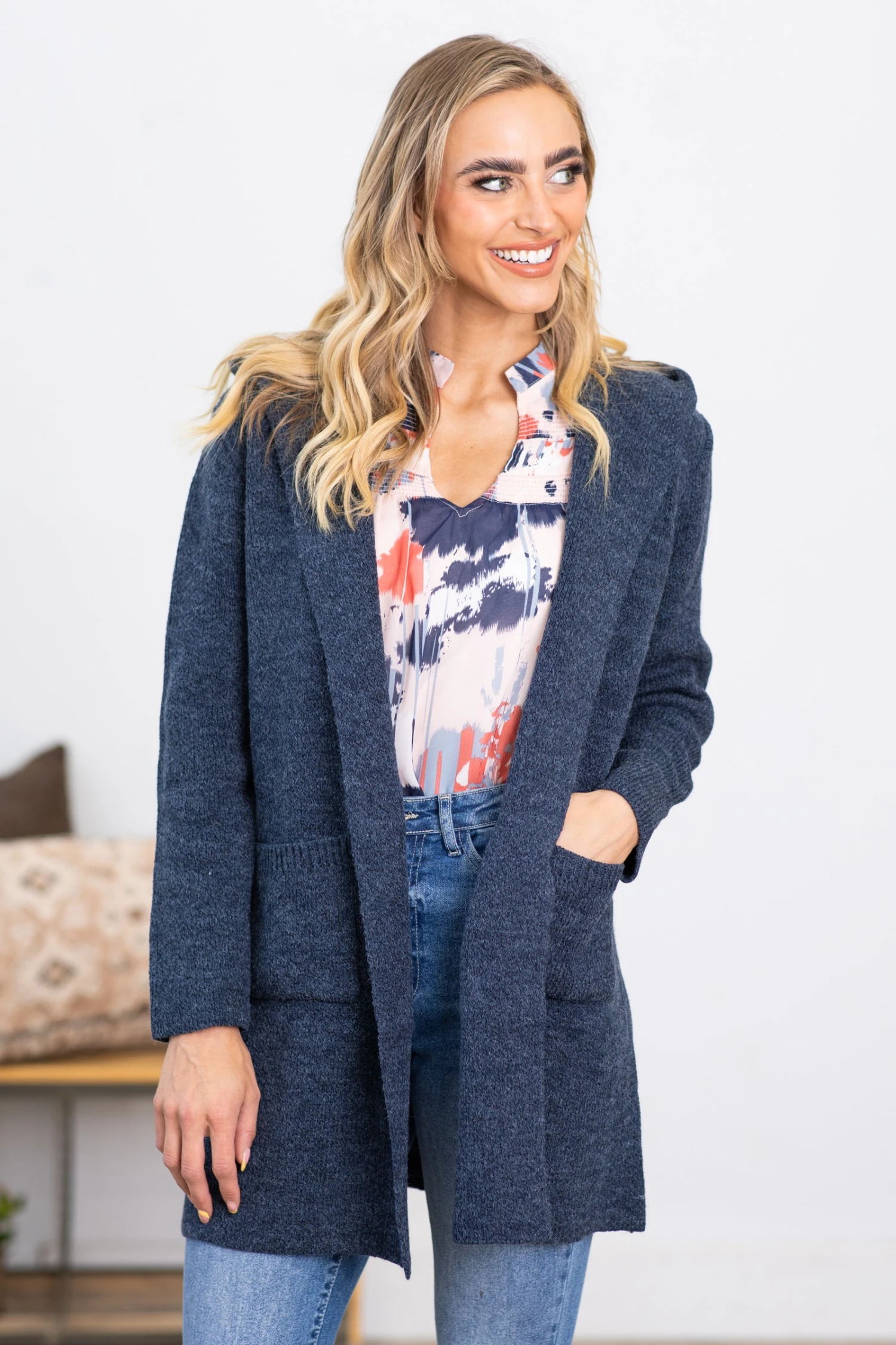 Navy Hooded Cardigan With Pockets - Image 2