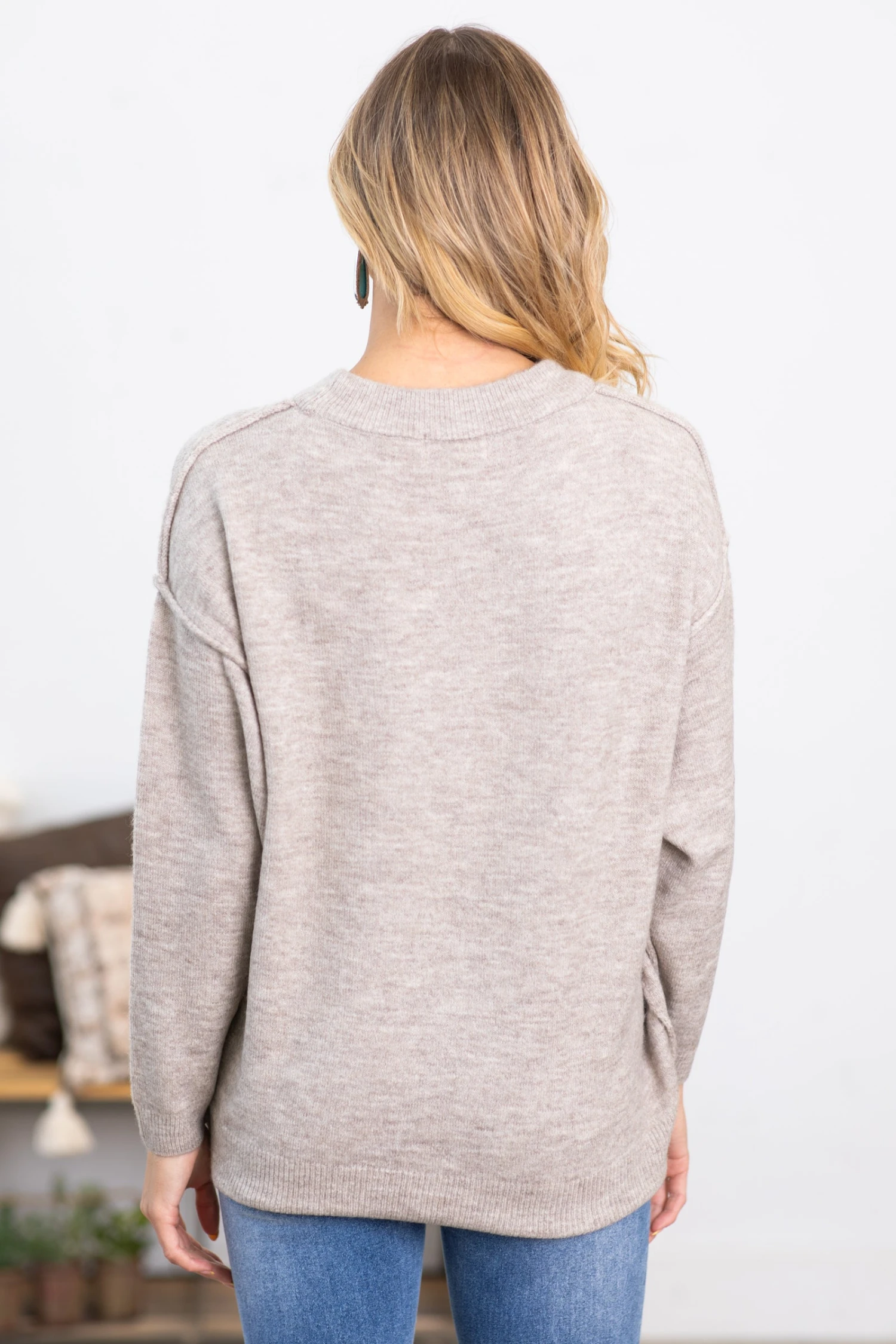 Oatmeal Garment Dyed Front Seam Sweater - Image 4